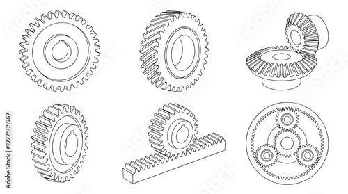 transmission gear, 6 black delicate line drawings vector set collection , white background , PNG and SVG