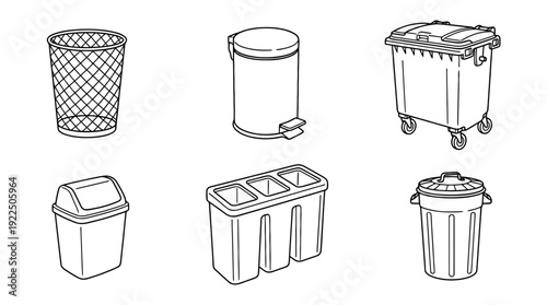 trash bin, 6 black delicate line drawings vector set collection , white background , PNG and SVG