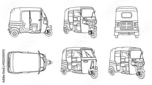 tuk tuk, 6 black delicate line drawings vector set collection , white background , PNG and SVG