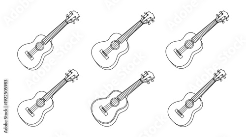 ukulele, 6 black delicate line drawings vector set collection , white background , PNG and SVG