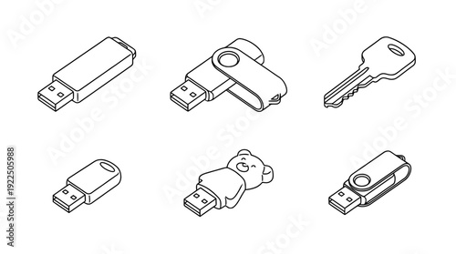 usb flash drive, 6 black delicate line drawings vector set collection , white background , PNG and SVG