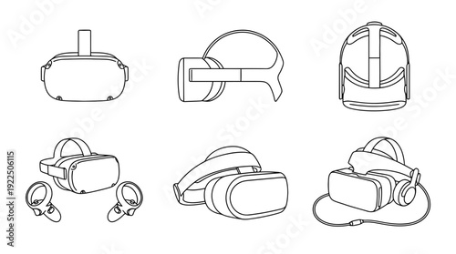 virtual reality headset, 6 black delicate line drawings vector set collection , white background , PNG and SVG