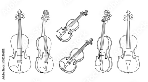 violin, 6 black delicate line drawings vector set collection , white background , PNG and SVG