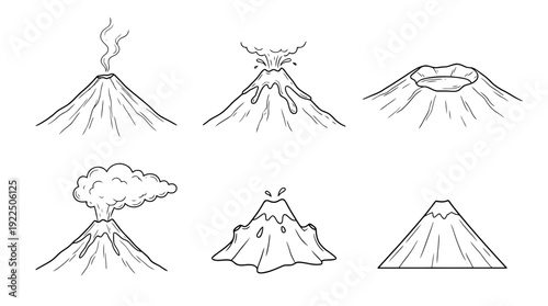 volcano, 6 black delicate line drawings vector set collection , white background , PNG and SVG