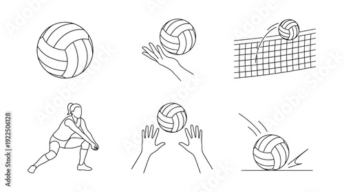 volleyball, 6 black delicate line drawings vector set collection , white background , PNG and SVG