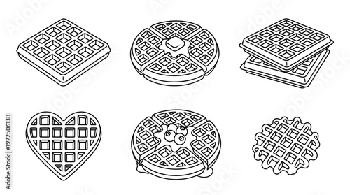 waffle, 6 black delicate line drawings vector set collection , white background , PNG and SVG