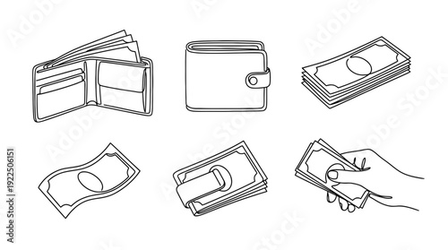 wallet with cash, 6 black delicate line drawings vector set collection , white background , PNG and SVG