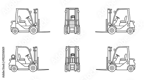 warehouse forklift, 6 black delicate line drawings vector set collection , white background , PNG and SVG