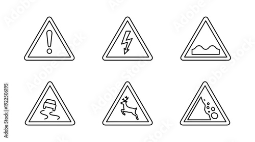 warning sign triangle, 6 black delicate line drawings vector set collection , white background , PNG and SVG