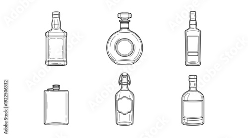 whiskey bottle, 6 black delicate line drawings vector set collection , white background , PNG and SVG
