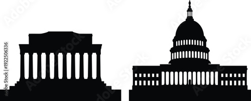 Black Silhouette of United States Capitol Building and Lincoln Memorial Landmarks Isolated on White Background for Washington DC Travel and Government Design