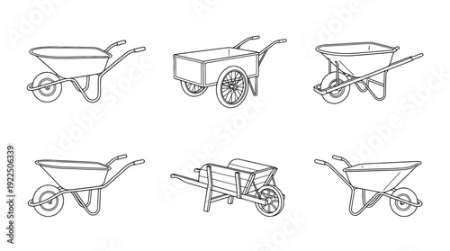 wheelbarrow, 6 black delicate line drawings vector set collection , white background , PNG and SVG