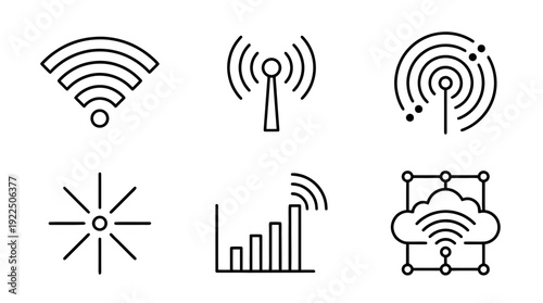 wifi signal, 6 black delicate line drawings vector set collection , white background , PNG and SVG
