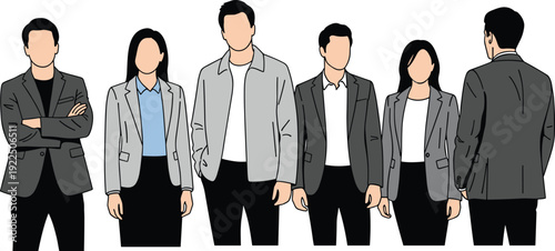 Collection of business professional silhouettes, casual flat vector characters, diverse men and women walking and standing, isolated on white background.