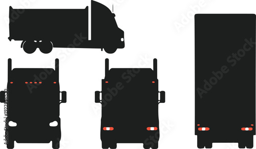 Black Semi Truck Silhouette Vector Set Featuring Front Side and Rear Views of a Commercial Hauler for Logistics and Transportation Design