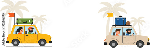 Couple Traveling by Car with Luggage on Roof Summer Road Trip Vacation Vector Illustration