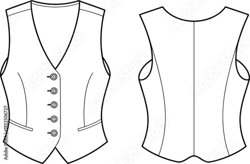 Tailored buttoned waistcoat vest front and back view formal sleeveless garment fashion illustration design apparel