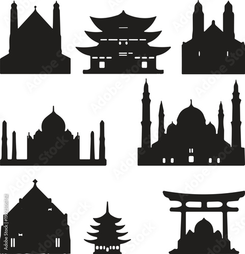 Collection of Black Silhouette Icons Representing World Famous Landmarks Religious Temples Mosques and Pagodas Isolated on a White Background for Design