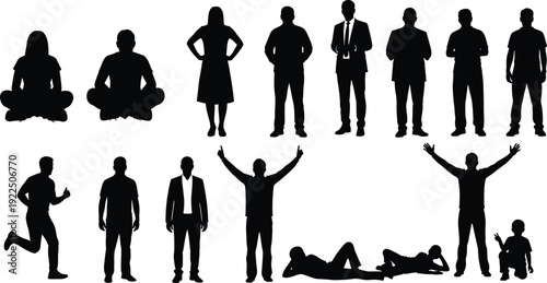 Collection of diverse people silhouettes in various poses, including business professionals, casual standing, sitting, running, lying down, and celebrating, isolated on white background.