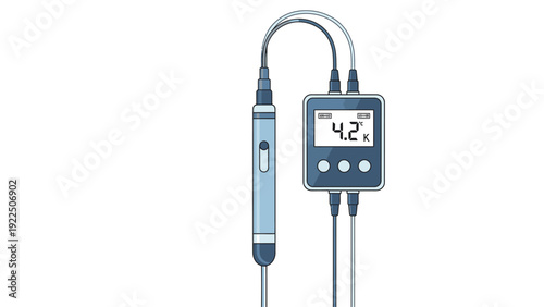 Digital thermometer with a probe and display screen showing temperature reading on a plain white background with a medical or laboratory setting.