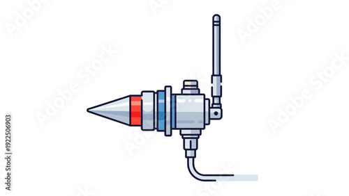 Technical drawing of a mechanical device with a pointed nozzle and red accents on a white background.