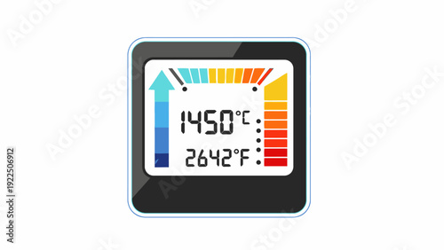 Close-up shot of a digital temperature display screen with Celsius and Fahrenheit readings on a white background.