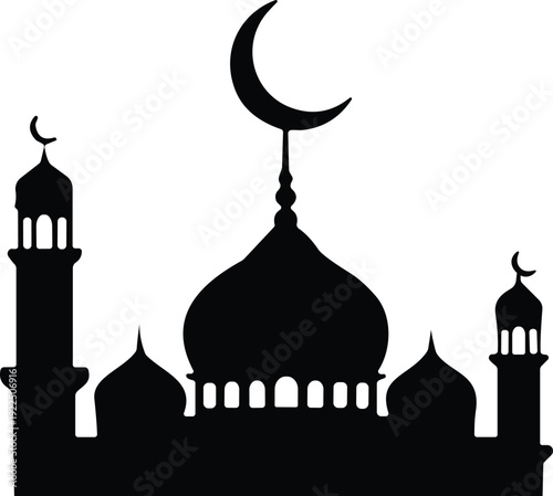 Black Mosque Silhouette with Large Crescent Moon and Minarets Isolated on White Background for Islamic Religious Holidays and Ramadan Design