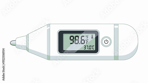 Digital illustration of a white electronic thermometer displaying temperature readings on a plain white background.