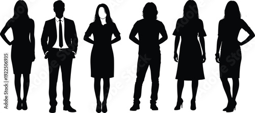 Confident Business Team Silhouettes, Diverse Men and Women Professionals in Suits and Dresses Standing with Hands on Hips