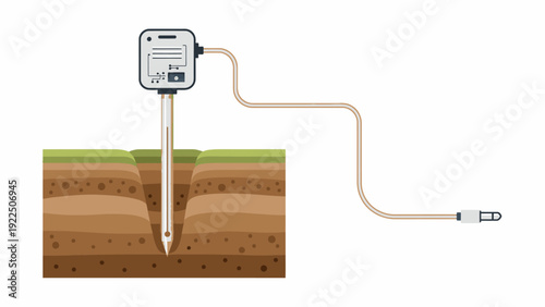 Soil moisture sensor device with probe inserted into layered earth soil section connected to a cable on a white background.