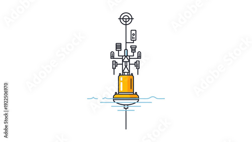 Illustration of a weather buoy floating on water with various measuring instruments attached on top.
