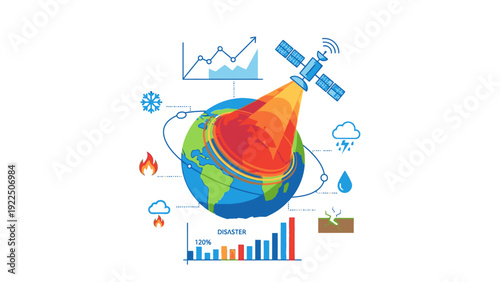 Infographic illustration of a globe with various climate change and data analysis icons on a white background.