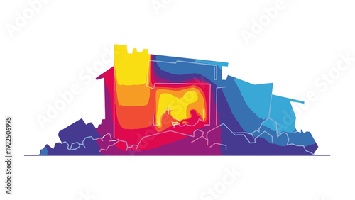 Colorful illustration of a house with a cutaway showing a warm interior against a white background with a mix of blue and purple exterior.