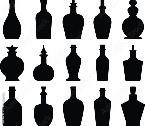 Large Collection of Black Glass Bottle Silhouettes Including Vintage Perfume Decanters and Medicine Vials Isolated on White Background for Product Design