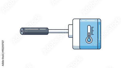 Digital illustration of a thermometer with a metal probe on a white background in a flat design style with cool blue tones.
