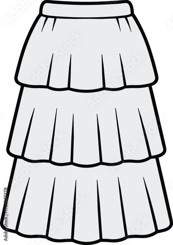 Minimalist Three Tier Ruffled Maxi Skirt Technical Vector Illustration Isolated on White Background for Fashion Design Mockup and Apparel Template