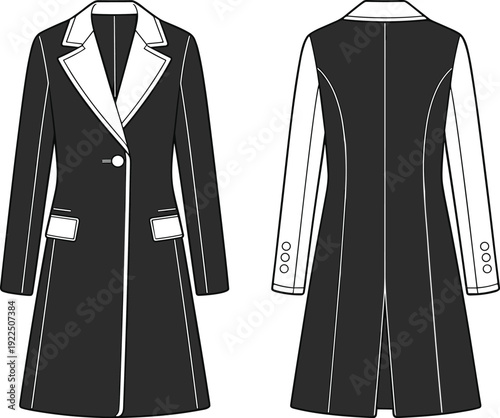 Women Formal Overcoat Technical Vector Illustration Featuring Front and Back Views with Contrast Lapels and Pocket Flaps for Fashion Design Mockup
