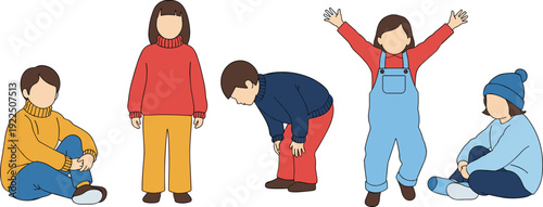 Cute children in cozy winter outfits, sitting standing bending jumping poses, colorful sweaters overalls turtlenecks, playful kids vector illustration, adorable characters