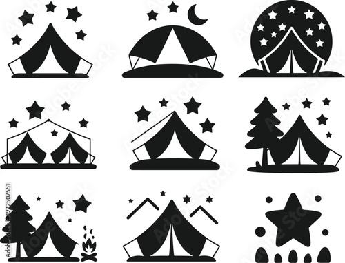 Collection of black camping tent silhouettes with stars and nature elements isolated on transparent background