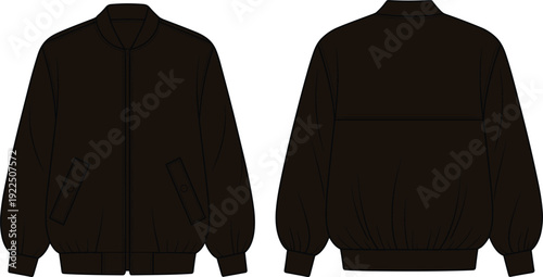 Black Bomber Jacket Technical Vector Illustration Featuring Front and Back Views with Zipper Pockets and Elastic Cuffs for Fashion Design Mockup