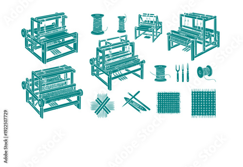 Loom Weaving Vector Set - Black Silhouette Illustrations, Textile Craft Graphics, Loom , Fabric Making Design Elements