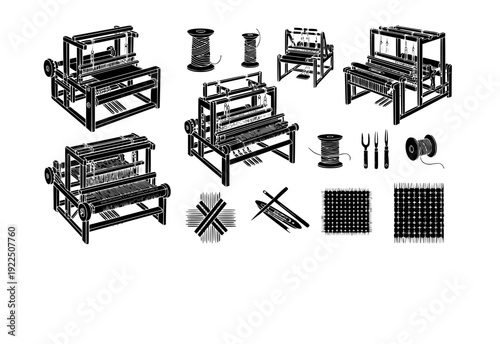 Loom Weaving Vector Set - Black Silhouette Illustrations, Textile Craft Graphics, Loom , Fabric Making Design Elements
