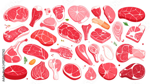 Raw Beef Pork and Lamb Meat Cuts Flat Vector Set, Butcher Shop Steak Collection Isolated on White Background
