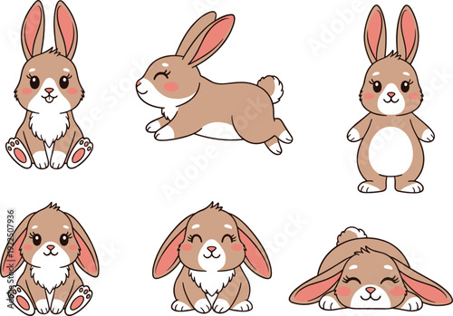 Cute Cartoon Bunny Rabbit Set with Sitting Running and Sleeping Poses Vector Illustration Collection
