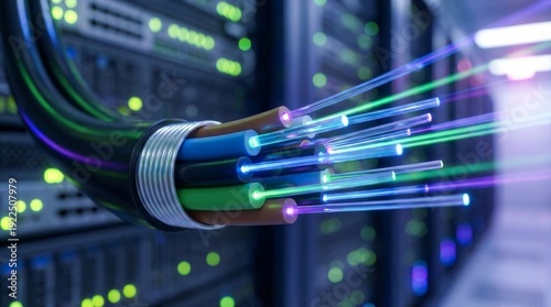 Fiber optic cable with colorful light beams transmitting data, symbolizing fast communication, global connectivity, and advanced internet technology within a data center environment
