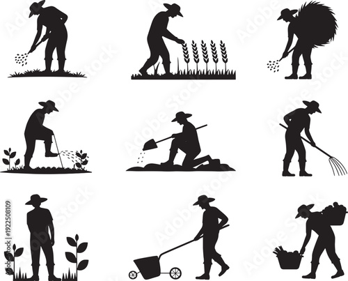 Black silhouettes of people farming and gardening activities agriculture