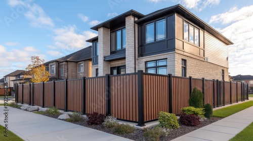Modern suburban house with stylish wood and metal fence in a peaceful neighborhood during golden hour lighting