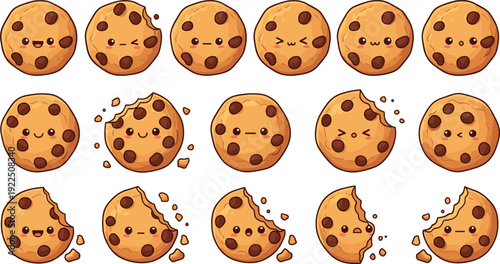 Cute Cartoon Chocolate Chip Cookies Set with Different Bite Marks and Facial Expressions Vector Illustration Collection