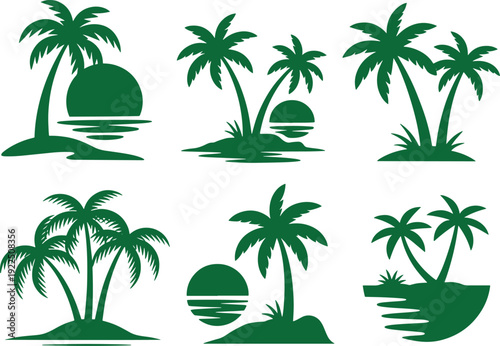 Collection of green palm tree silhouettes on tropical islands with sunset views isolated