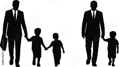 Business father walking with children silhouettes, parent holding kids hands isolated on white background, family leadership concept